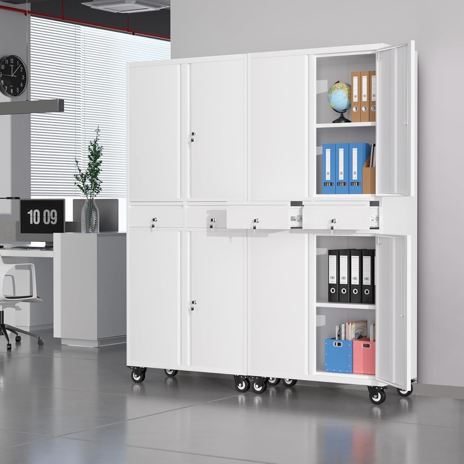 IDEALHOUSE 73'' Metal Storage Cabinet, Heavy Duty Garage Storage with Wheels, Locking Doors and 2 Drawers, Adjustable Shelves for Garage, Workshop, Office, White