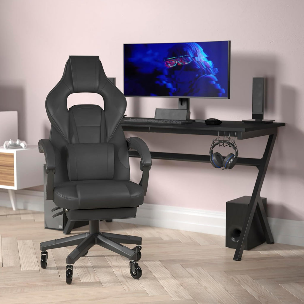 Flash Furniture X40 Gaming Chair Racing Computer Chair with Fully Reclining Back/Arms and Transparent Roller Wheels, Slide-Out Footrest, - Black