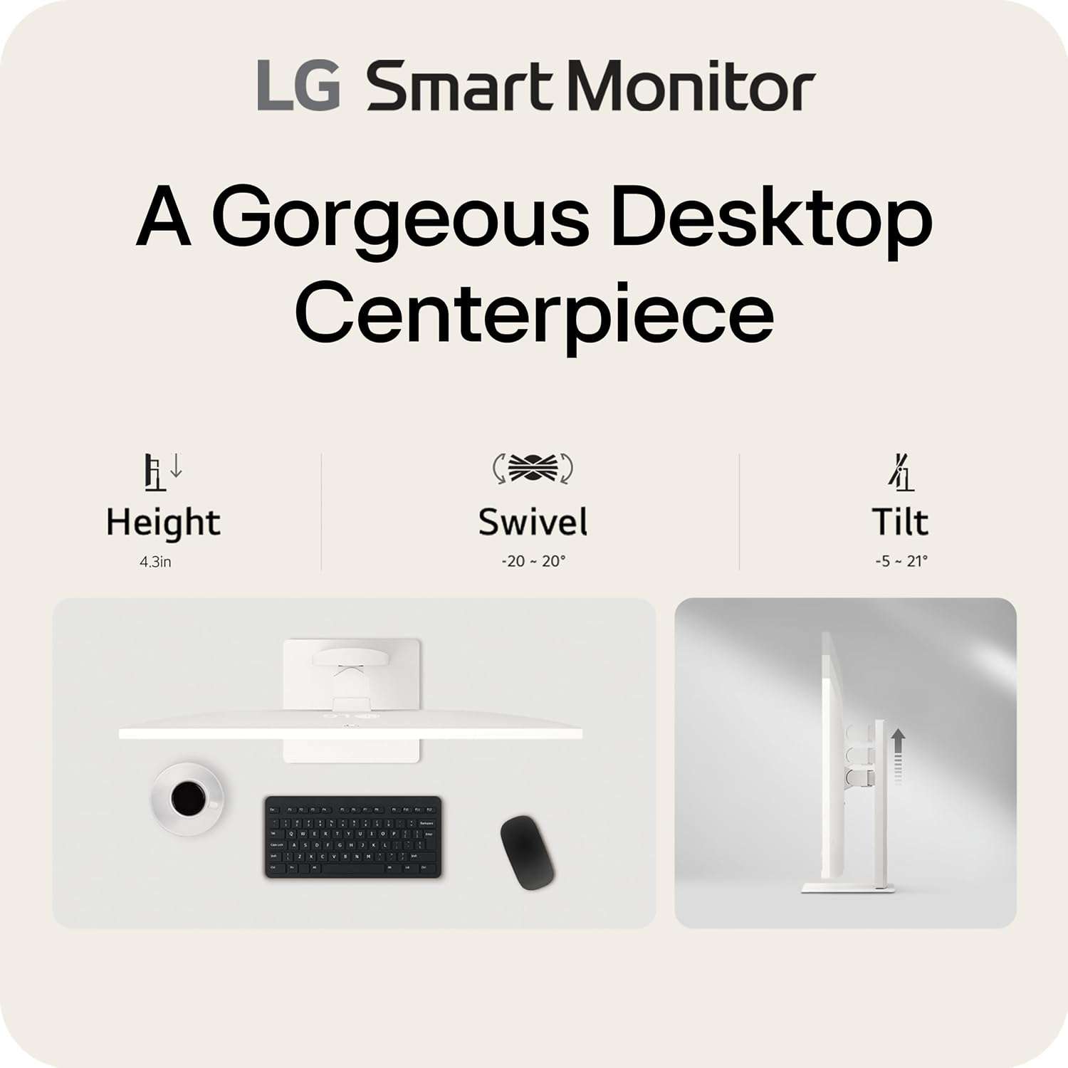 LG 37U730SA-W 37-inch Smart 4K UHD (3840 x 2160) IPS Computer Monitor, 60Hz, HDR10, webOS, Built-in Speaker, Airplay 2, Screen Share, HDMI, USB Type-C PD 65W, Tilt/Height/Swivel Stand, White