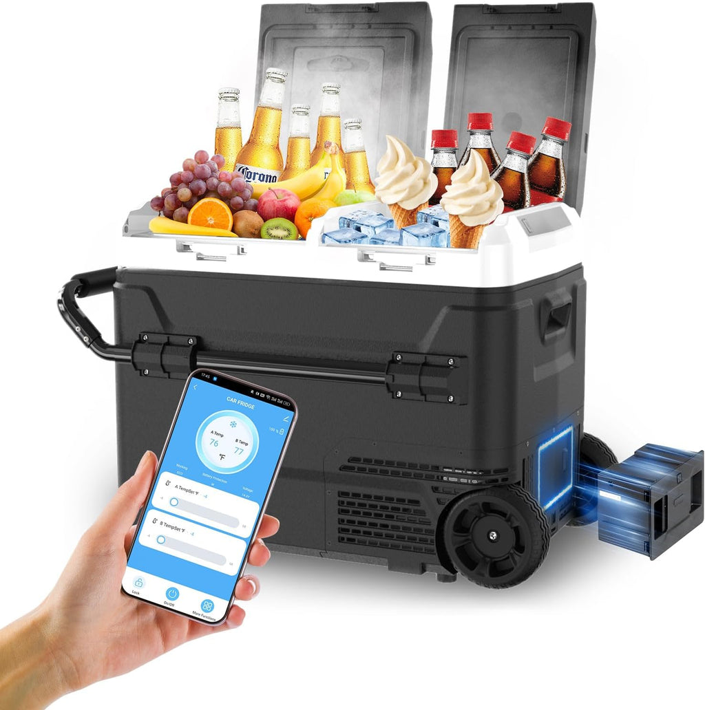 Electric Cooler with Battery 12V 52 Quart(50L) Car Refrigerator Dual Zone Dual Door Freezer Fridge with Wheels 12/24V DC & 100-240V AC Portable Fridge for Camping Truck Boat RV Camper SUV Travel