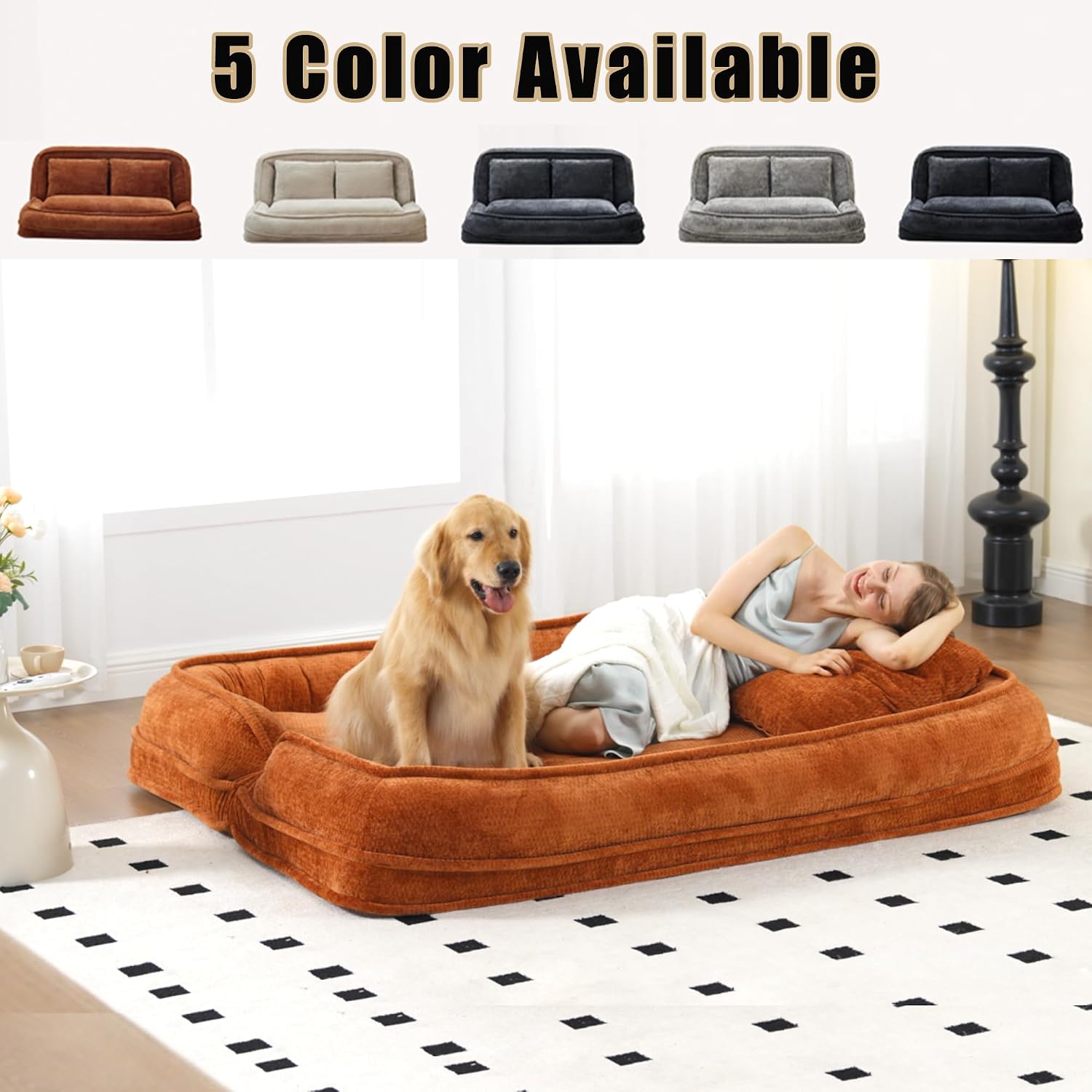 Floor Chair with Back Support, Human Dog Bed, Folding Loveseat with 5 Adjustable Position, 2 Back Cushions, Chenille Meditation Gaming Chair for Lazy Boys, Living Room, Lounge, Bedroom, Orange