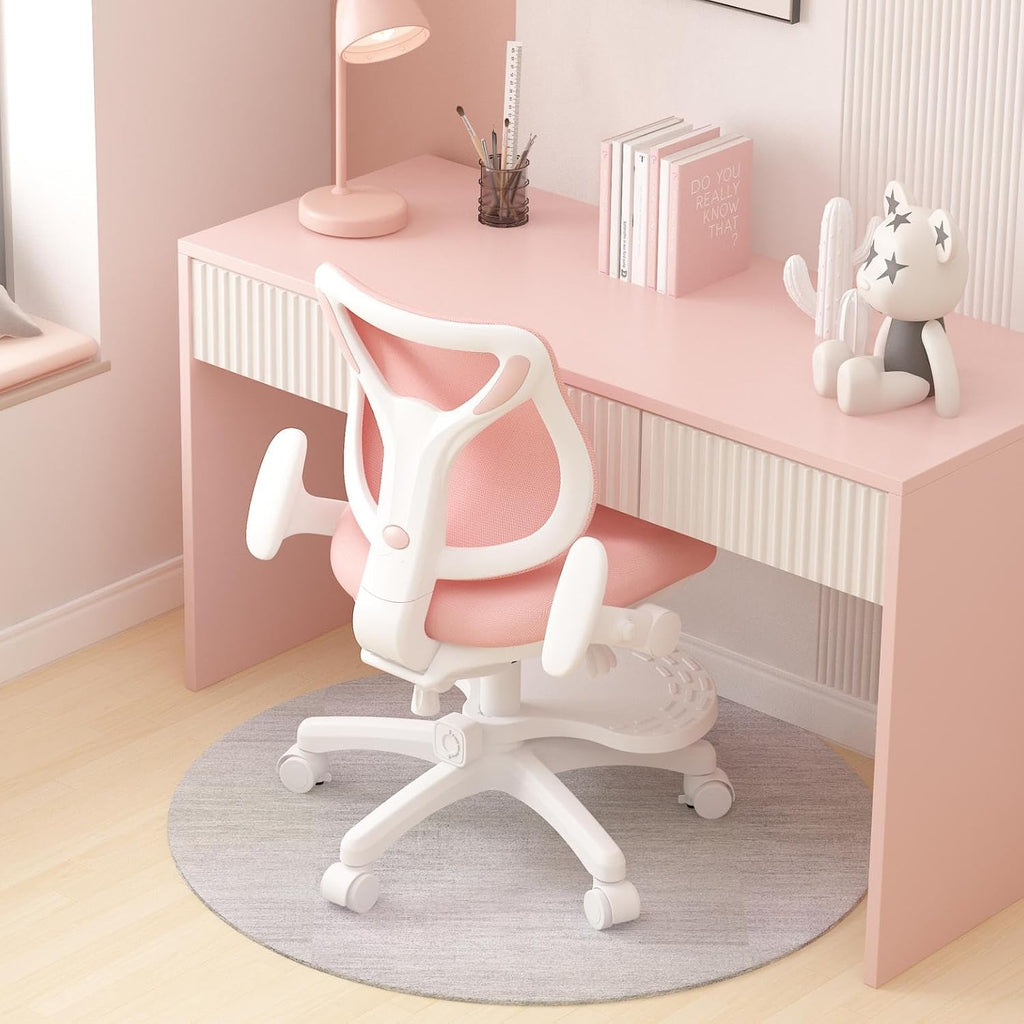 Desk Chair, Ergonomic Study Chair for Kids with Lumbar Support and Footrest, Adjustable Height, Flip-Up Armrests, Mesh Student Chair with Adjustable backrest, Model Deer (Pink)