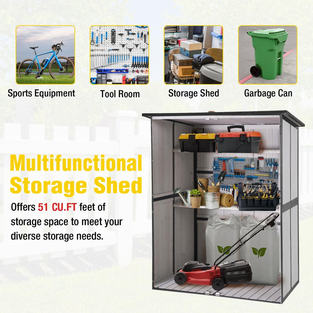Storage Shed,Outdoor Storage Cabinet with Metal Frame Structure and Adjustable Shelves,Bike Storage Tool Cabinet Box for Backyard Garden Patio Lawn (Off White, 29' D x 55' W x 67' H)