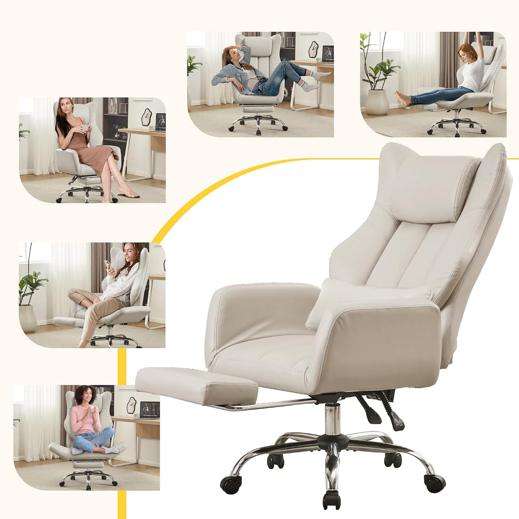 Ergonomic Cross Legged Office Chair with Footrest,Leather Big and Tall Executive Chair with Wheels,Reversible Armrest and Lumbar Pillow,155° Reclining Computer Wide Desk Chair for Home,Office (Beige)