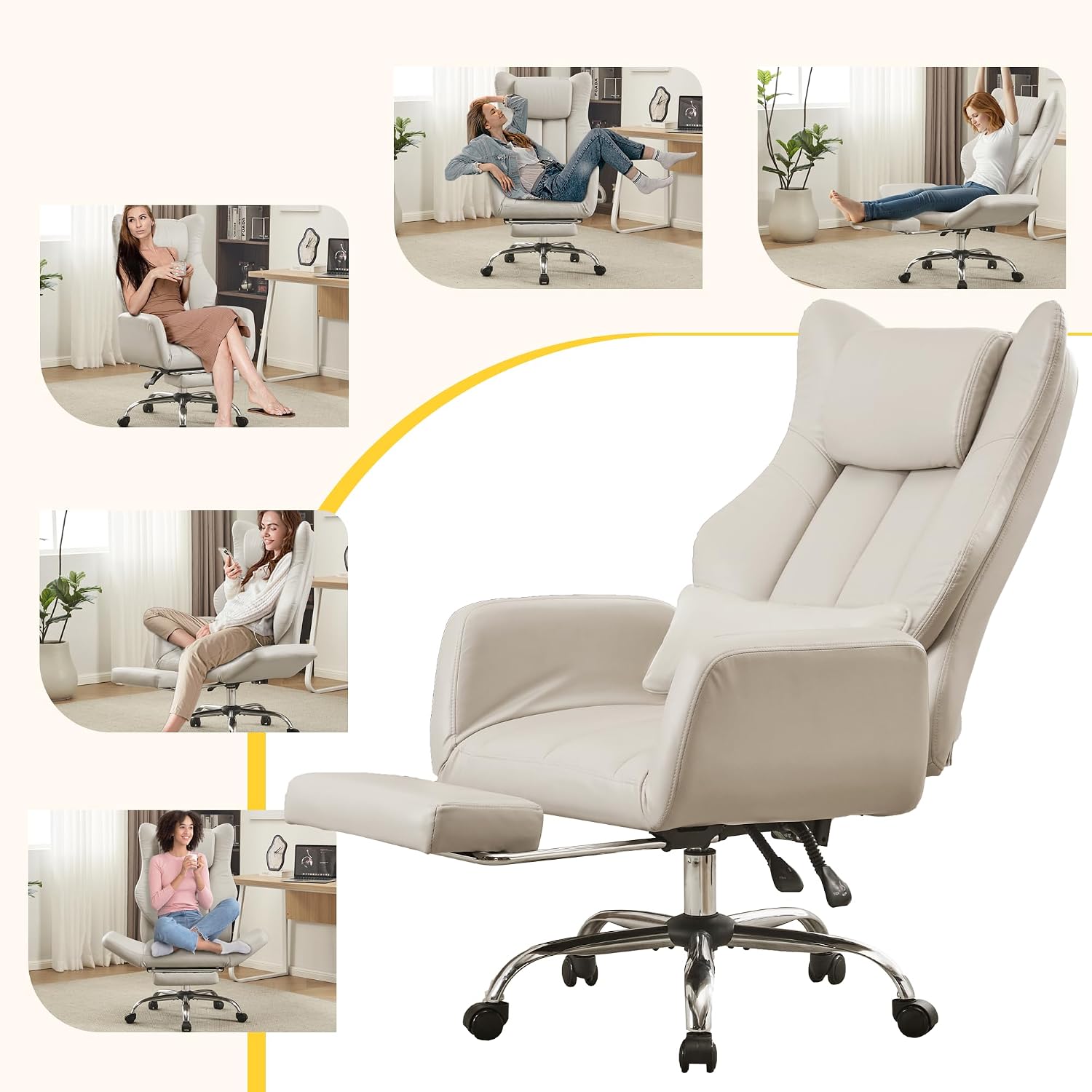 Ergonomic Cross Legged Office Chair with Footrest,Leather Big and Tall Executive Chair with Wheels,Reversible Armrest and Lumbar Pillow,155° Reclining Computer Wide Desk Chair for Home,Office (Beige)