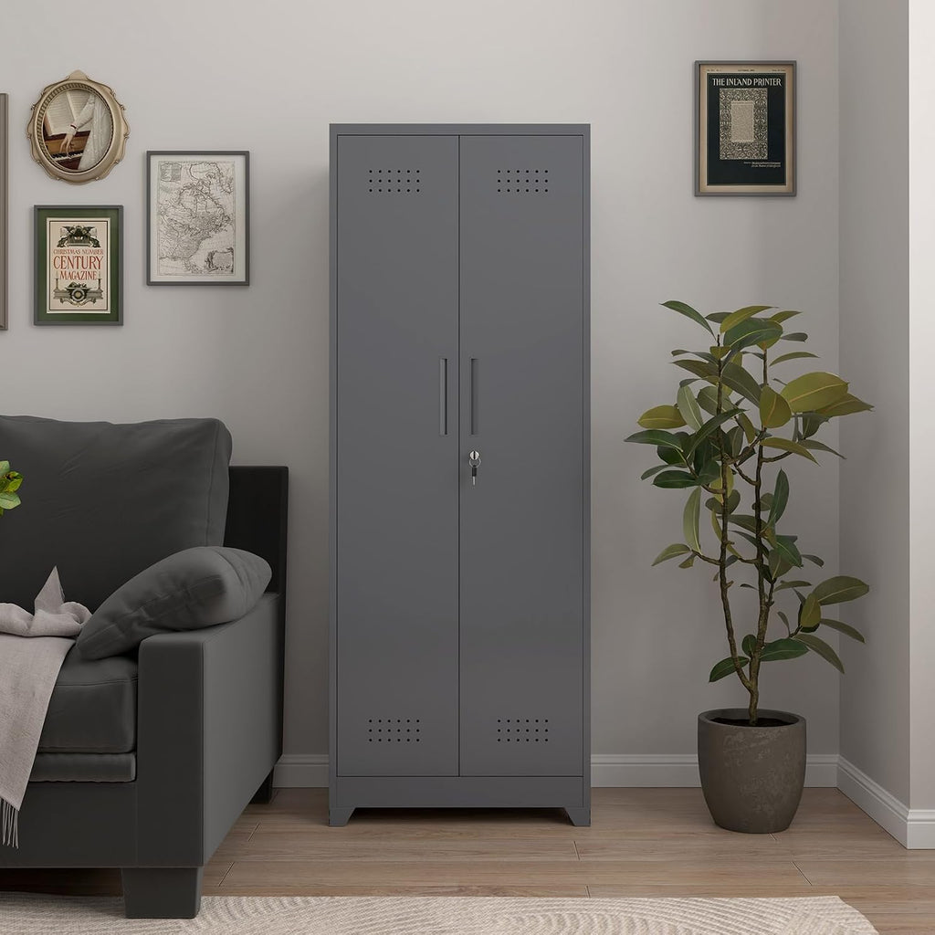 65''H Garage Storage Cabinets, Metal Locking Storage Cabinet with Doors and Shelves, Utility Closet Cabinet with Hanging Rod, Cleaning Storage for Kitchen, Office, Garage
