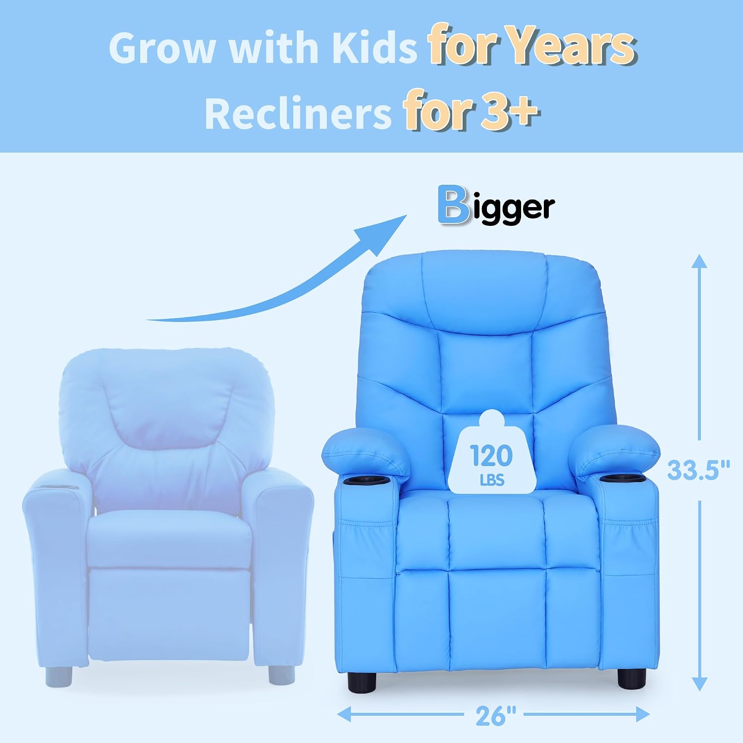 MCombo Big Kids Recliner for Ages 3+, Child Reclining Chair, Toddlers Recliner Sofa with Cup Holders (Faux Leather, Navy Blue)