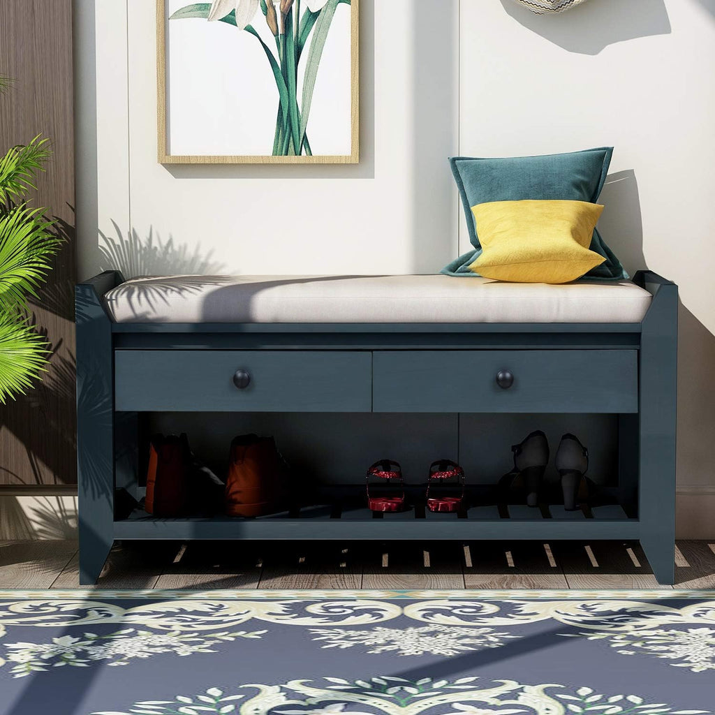 Harper & Bright Designs TREXM Shoe Rack with Cushioned Seat and Drawers, Multipurpose Entryway Storage Bench (Antique Navy)