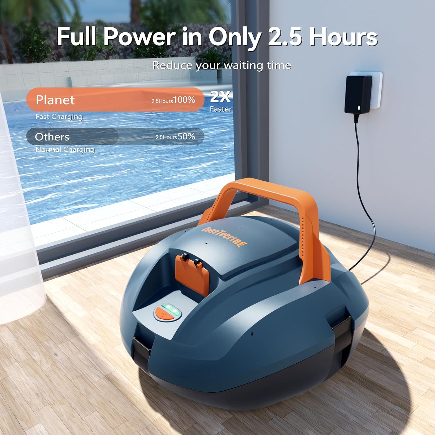 Planet Robotic Pool Cleaner, Cordless Pool Vacuum Robot with 100 Mins Runtime, Fast Charging, Powerful Suction, Self-Parking, Ideal for Above Ground Pools, Blue Grey