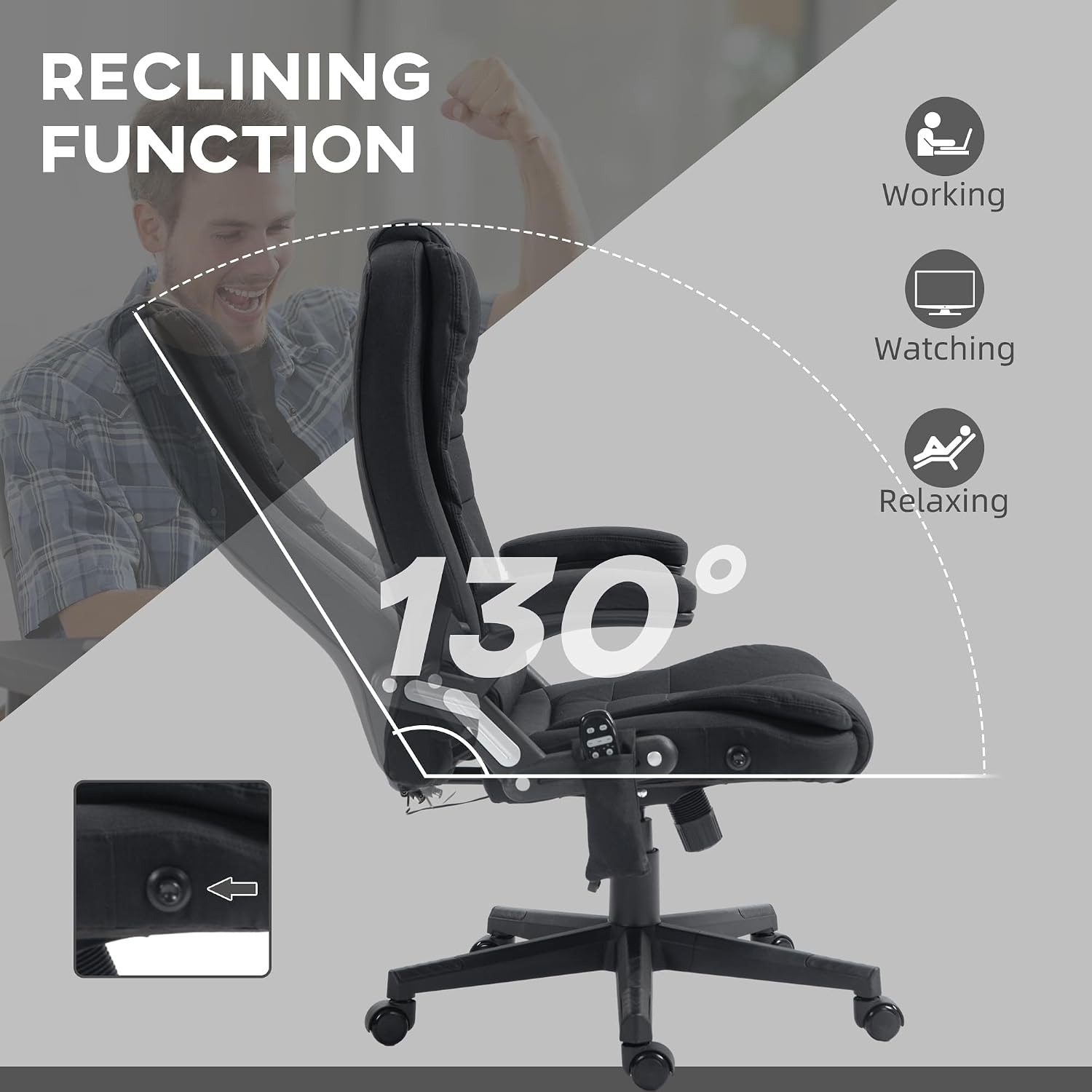 Vinsetto 6 Point Vibrating Massage Office Chair with Heat, Linen High Back Executive Office Chair with Reclining Backrest, Padded Armrests and Remote, Black