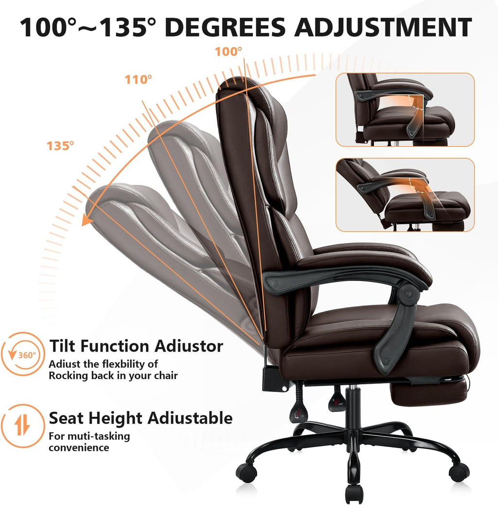 WAILOR 400lbs Office Chair with Foot Rest, Reclining Big and Tall Office Chair with Lumbar Support, High Back PU Leather Computer Chair,Comfy Desk Chair for Home Office (Casual) (Brown)
