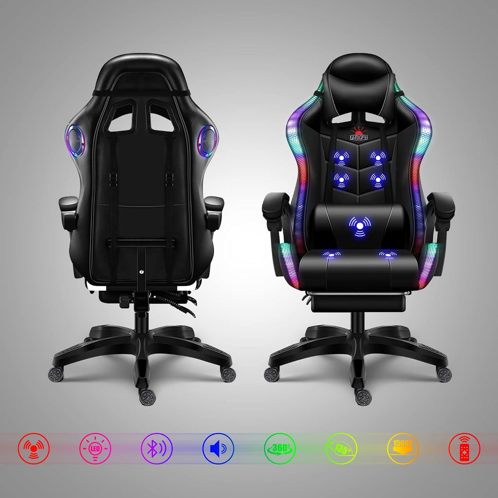 RGB Gaming Chair with Speakers and Massage, Racing Computer Chair with Massage and Footrest for Office or Gaming. (Black+White)
