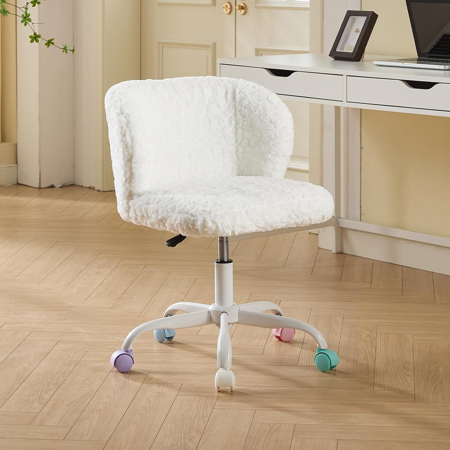 White Faux Fur Vanity Chair, Adjustable Swivel Home Office Chair with Colorful Wheels and Metal Base, Cute Makeup Chair for Women, Teens & Girls(White)