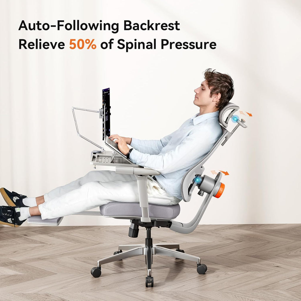 Newtral Office Chair Ergonomic with Footrest, Auto-Following Lumbar Support, High Back Desk Chair with 4D Armrest,136° Tilt Lock, Adjustable Seat Depth & Height (Supreme, Grey)