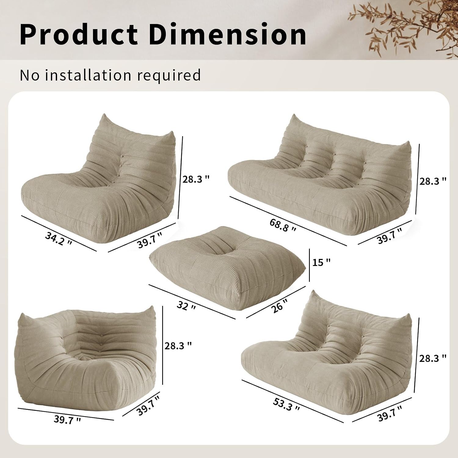 Bean Bag Chair for Adults,Oversize Bean Bag Sofa - Adult Size with Corduroy Soft Fabric for Living Room Lazy Sofas, Apartments, Reading Corner, Gaming, and Movie Venue,Light Grey