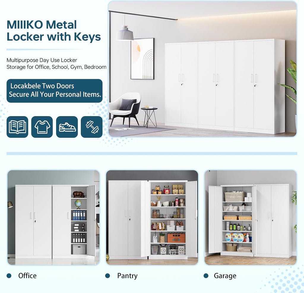 MIIIKO Metal Storage Cabinet with Lock, 71' Steel Storage Cabinet with 2 Doors and 5 Adjustable Shelves, for Office, School.