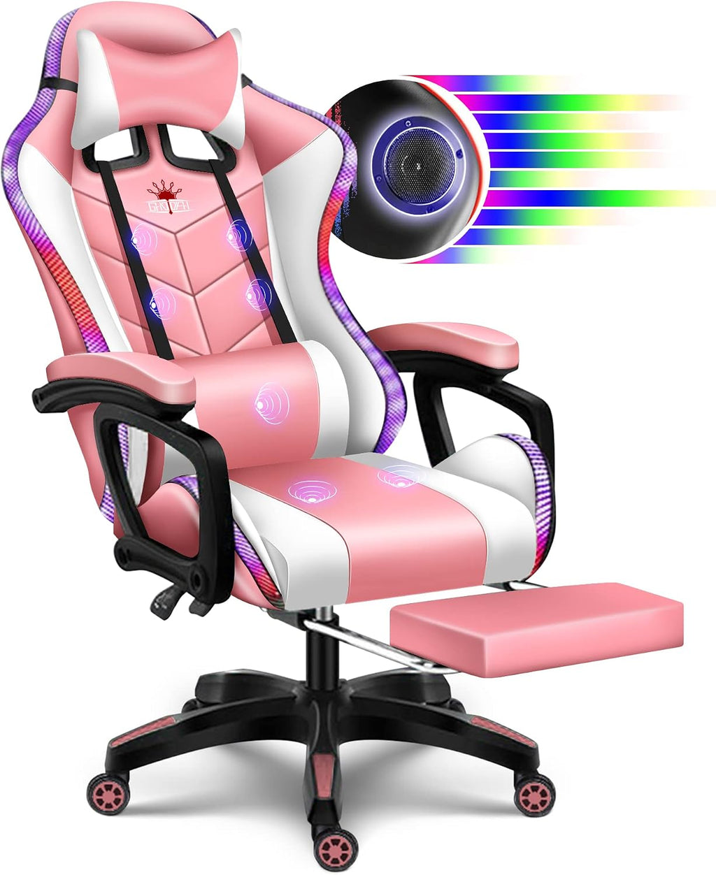 RGB Gaming Chair with Speakers and Massage, Racing Computer Chair with Massage and Footrest for Office or Gaming. (Pink+White)