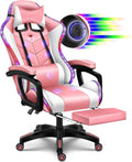 RGB Gaming Chair with Speakers and Massage, Racing Computer Chair with Massage and Footrest for Office or Gaming. (Pink+White)