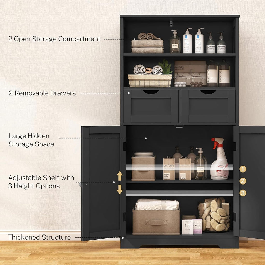 Iwell Tall Storage Cabinet, Black Storage Cabinet & Adjustable Shelves, Bathroom Cabinet for Living Room, Dining Room, Entryway, Black