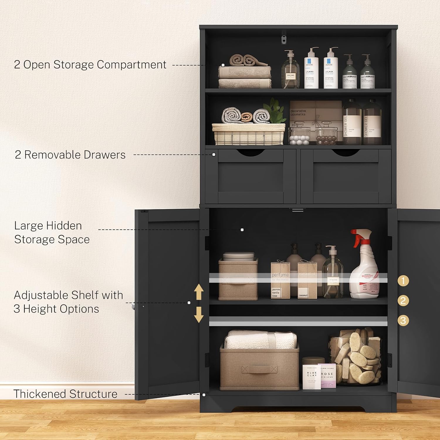 Iwell Tall Storage Cabinet, Black Storage Cabinet & Adjustable Shelves, Bathroom Cabinet for Living Room, Dining Room, Entryway, Black