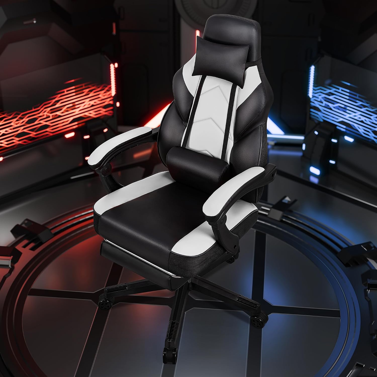 SUNLEI Gaming Chair for Adults, Ergonomic PU Leather Office Chair with Headrest & Footrest, Video Game Chairs with Massage Lumbar Support, Height Adjustable Computer Chair with 360° Swivel, White