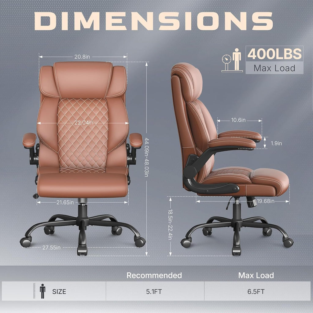 Office Chair-Executive High Back Breathable Big and Tall Office Chair Flip-up Armrests Lumbar Support-Ergonomic Leather Rolling Swivel Chair with Rock Function for Working Studying Gaming,Brown