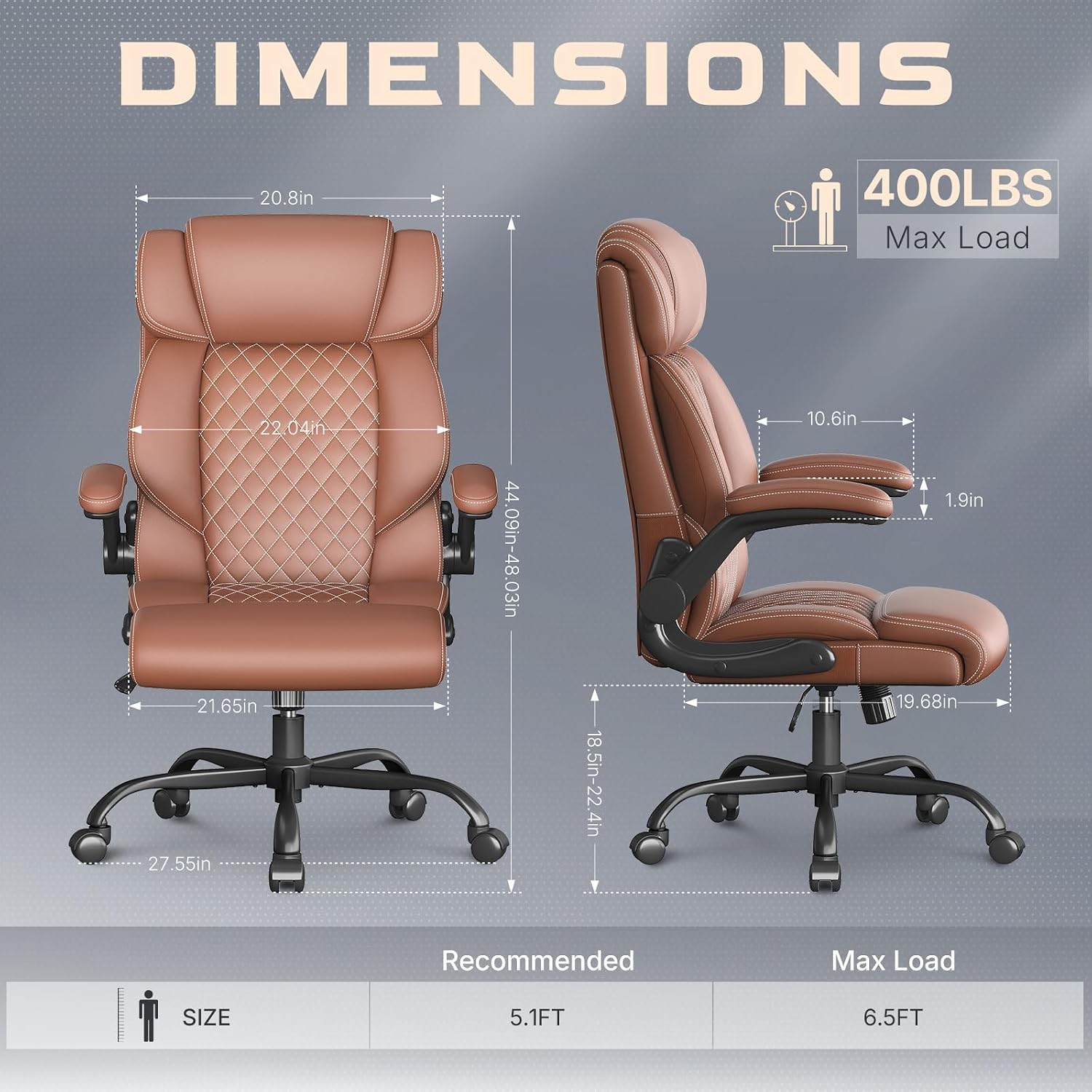 Office Chair-Executive High Back Breathable Big and Tall Office Chair Flip-up Armrests Lumbar Support-Ergonomic Leather Rolling Swivel Chair with Rock Function for Working Studying Gaming,Brown