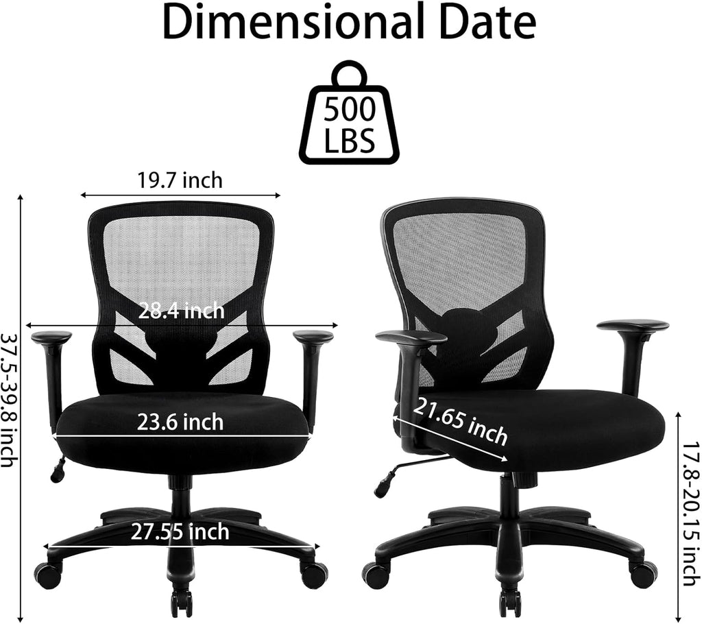 YFO Big and Tall Office Chair 500LBS - Computer Desk Chair with Adjustable Lumbar Support, Heavy Duty Ergonomic Mesh with 360 Rotation 4D Arm and Extra Wide Comfty Seat, Quiet Wheels for Adults, Black