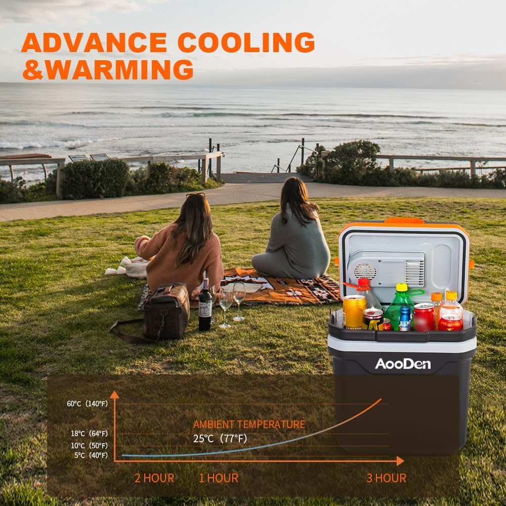 Electric Car Cooler and Warmer, 26 Quart Capacity, Thermoelectric Iceless Cooler for Travel, Camping, Vehicles, Truck, Home - 12V DC and 120V AC (Black & Orange)