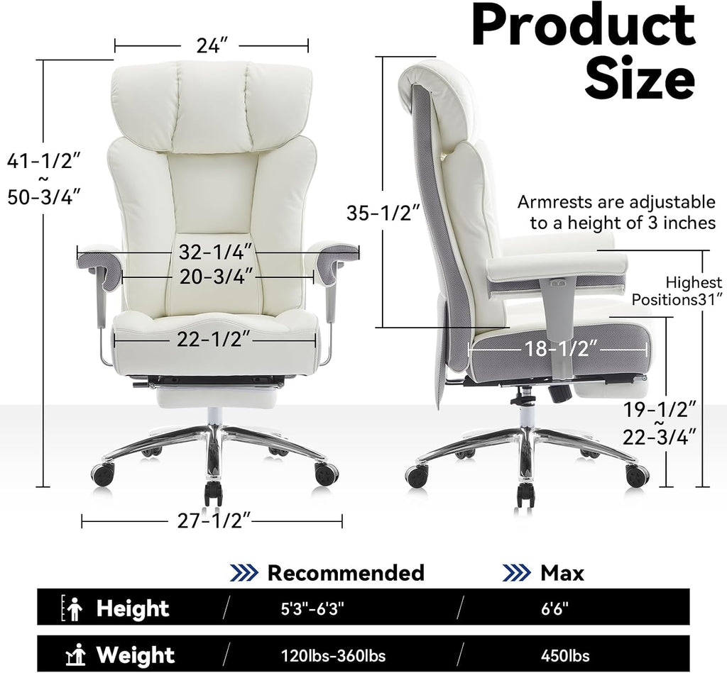 Efomao Big and Tall Office Chair with Footrest, 450lbs High Back Executive Chair with Spring Cushion, PU Leather Upholstery, Padded Armrests, Swivel Base, and Rolling Wheels – White Computer Chair