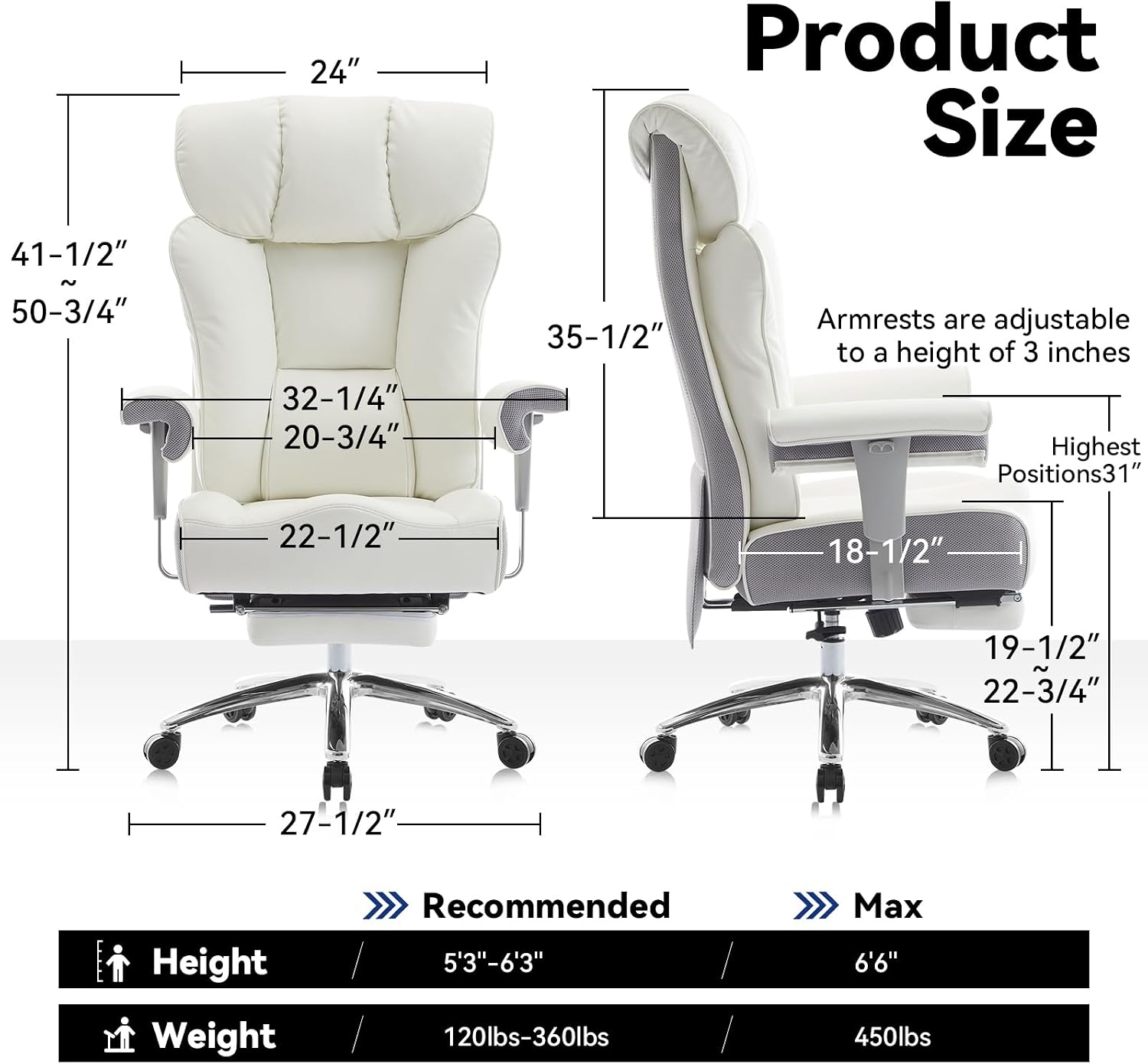 Efomao Big and Tall Office Chair with Footrest, 450lbs High Back Executive Chair with Spring Cushion, PU Leather Upholstery, Padded Armrests, Swivel Base, and Rolling Wheels – White Computer Chair