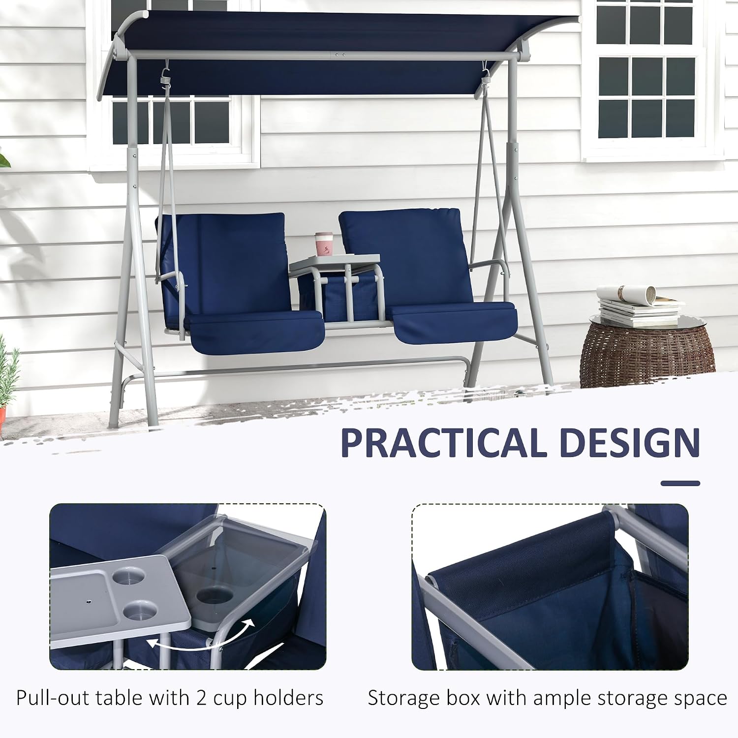 Outsunny 2 Person Porch Swing with Stand, Outdoor Swing with Canopy, Pivot Storage Table, 2 Cup Holders, Cushions for Patio, Backyard, Dark Blue