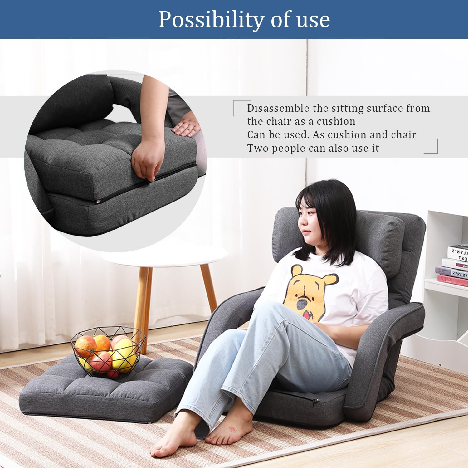 14-Position Adjustable Floor Chair, Chaise Lounge Indoor, Folding Lazy Sofa with Armrests and a Pillow Padded Adults Gaming Chairs for Living Room, Bedroom Factory Price,8803 (Grey)