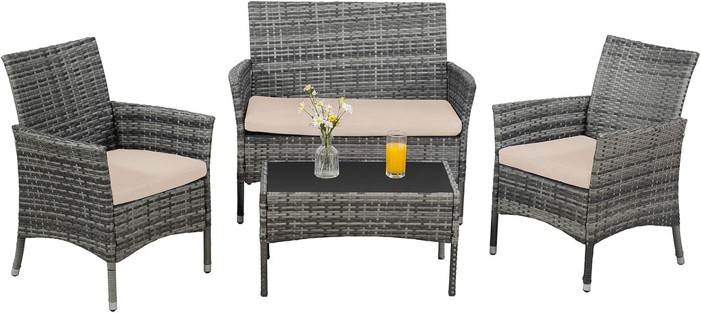 Outdoor Furniture Set of 4 Pieces with PE Waterproof Rattan Tempered Glass Table and Thick Cushions Suitable for Gardens Porches Terraces and Balconies Easy to Assemble, Grey