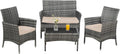Outdoor Furniture Set of 4 Pieces with PE Waterproof Rattan Tempered Glass Table and Thick Cushions Suitable for Gardens Porches Terraces and Balconies Easy to Assemble, Grey