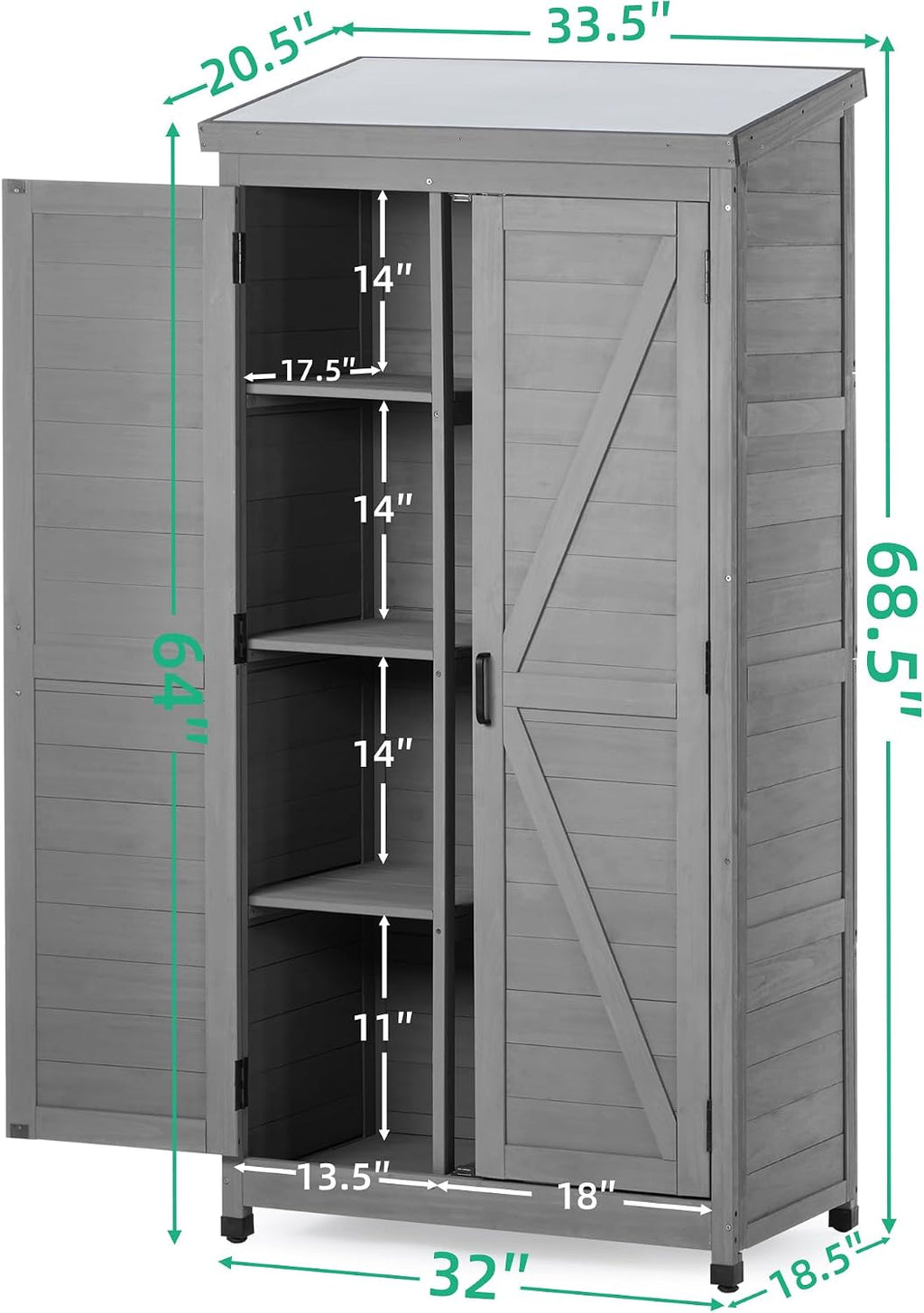 Outdoor Storage Cabinet, 68' H Wood Tall Shed with Metal Top, Wooden Storage Shed with Large Storage Space for Patio, Garden, Backyard, Lawn, Grey
