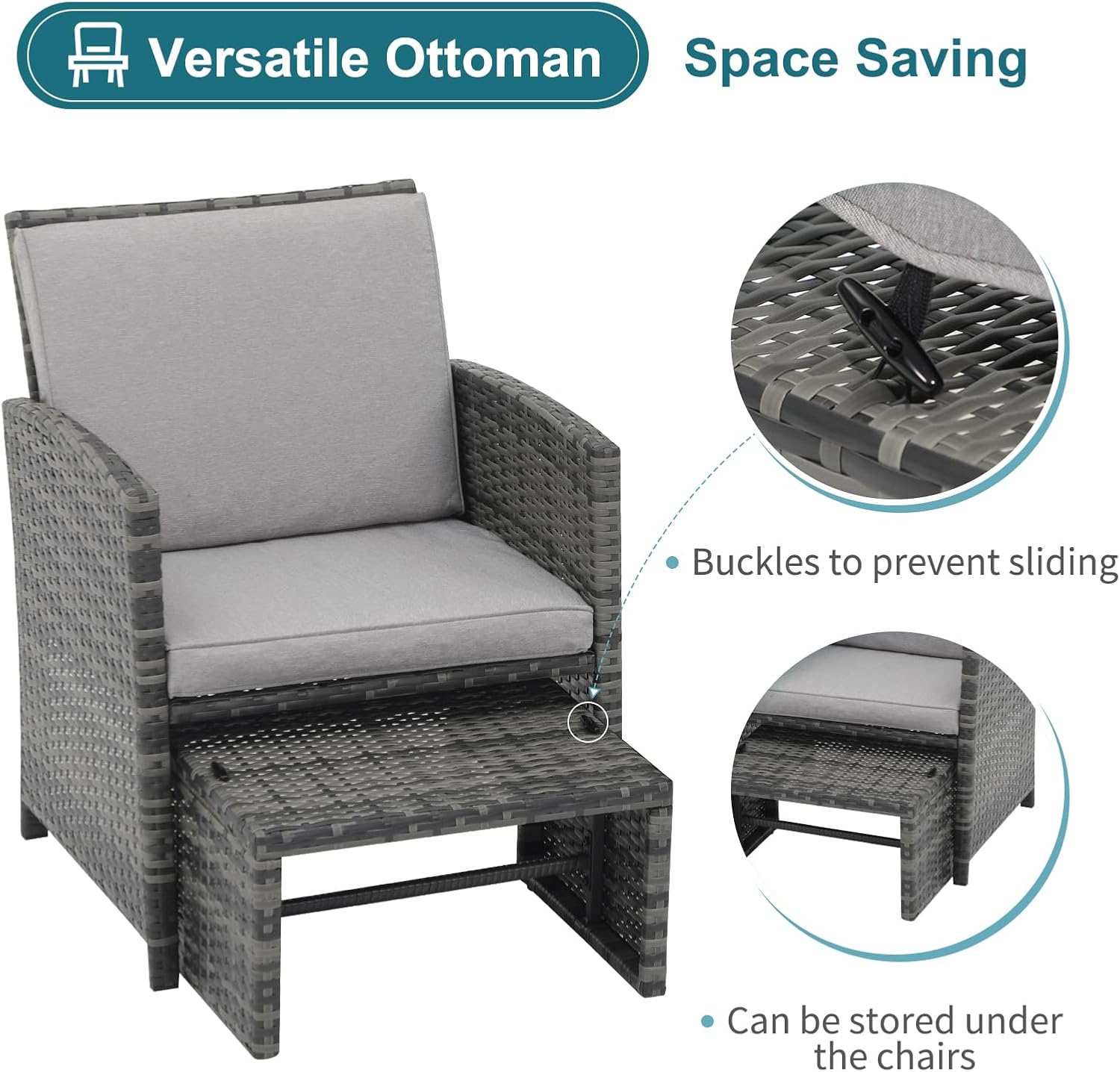 OC Orange-Casual 6 Piece Patio Furniture Conversation Set with Ottoman, Outdoor Grey Wicker Chair and Table Set, Balcony Furniture for Apartments, Light Grey