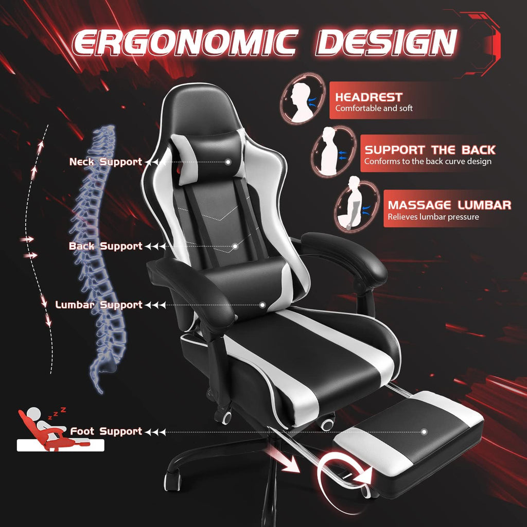 Shahoo Gaming Chair with Footrest and Massage Lumbar Support, Video Game Chairs 360°Swivel and Height Adjustable Seat with Headrest for Office or Bedroom, Study Room, White