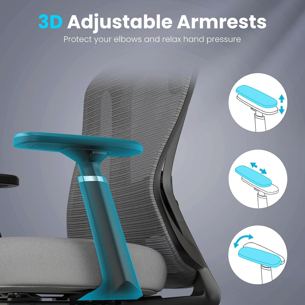 Farini Ergonomic Office Chair Desk Chair, High Back Computer Chair with Wheels, Home Sutdy Chair for Heavy People, Mesh Office Chair Adjustable Seat Depth, 3D Armrests and Adjustable Headrest, Grey