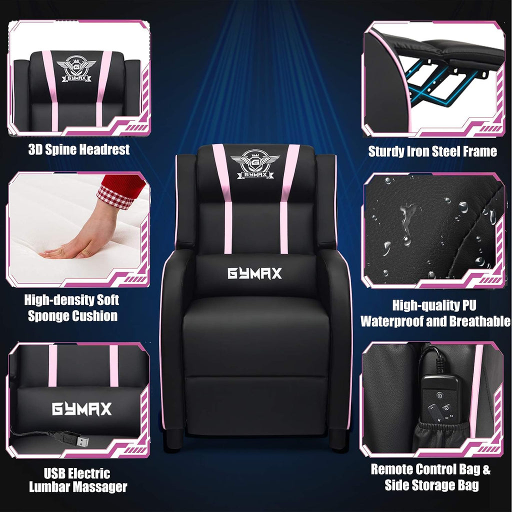 POWERSTONE Gaming Recliner Chair, Reclining Gaming Chairs for Adults Ergonomic Leather Sofa with Footrest Lumbar Support Headrest and Side Pouch for Living Room Home Theater, Pink