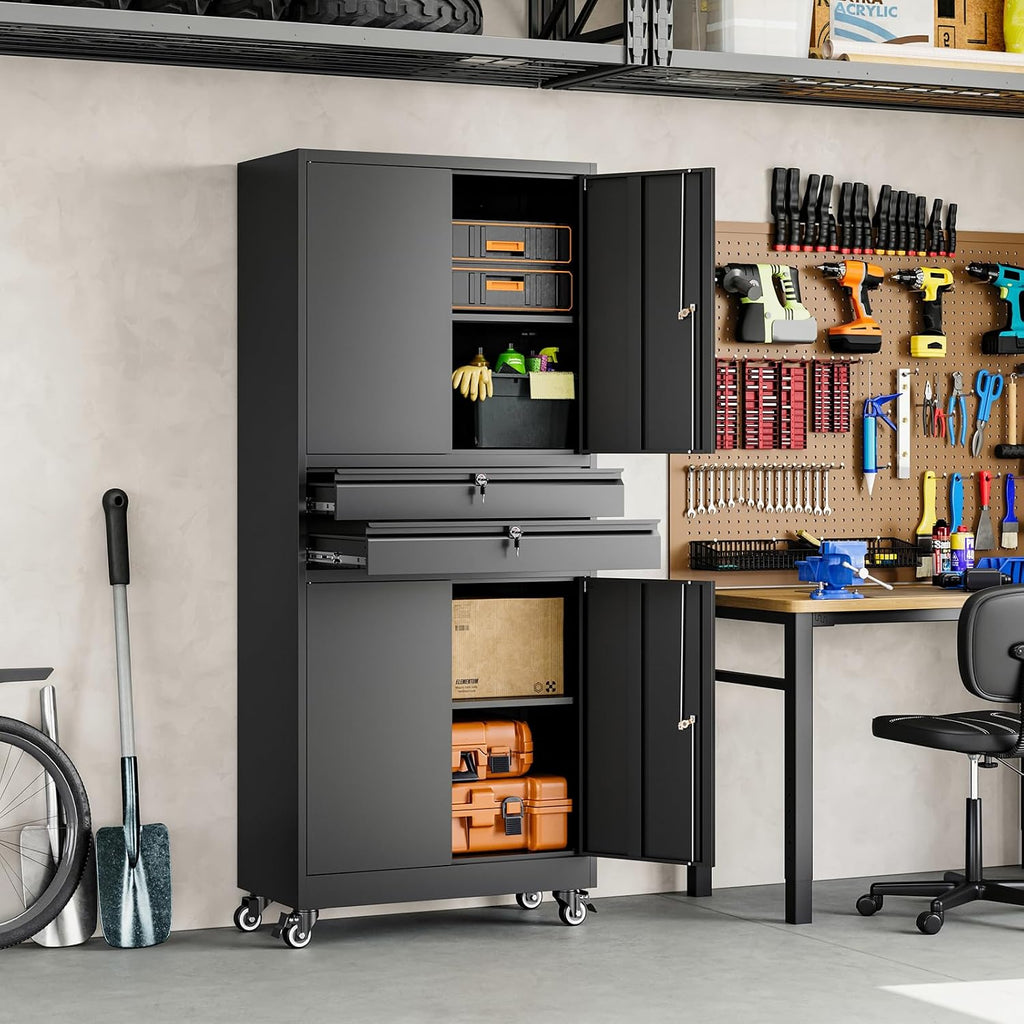 Yizosh Metal Garage Storage Cabinet with Locking Doors and Adjustable Shelves, 74' Rolling Tool Storage Cabinet with 4 Wheels and 2 Drawer for Garage,Warehouse