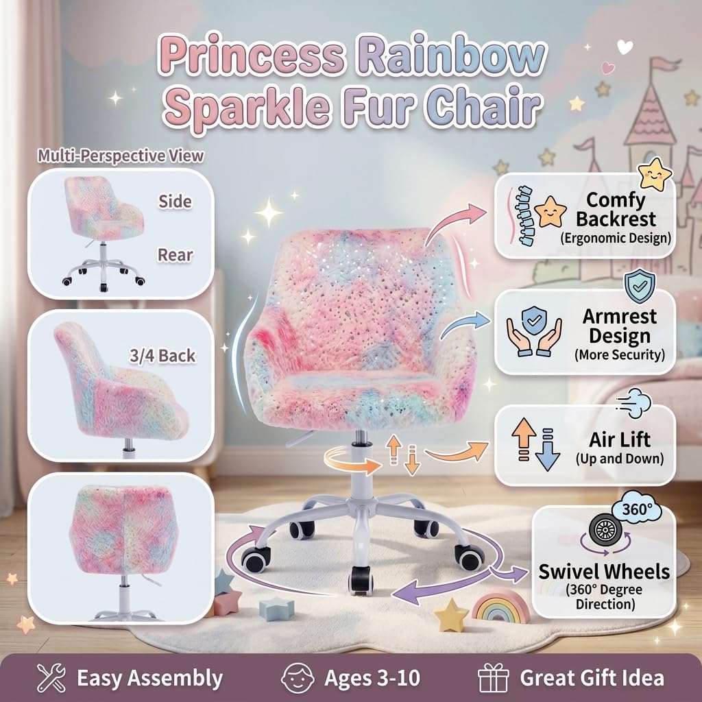 HEAH-YO Swivel Kids Chair with Wheels, Adjustable Kids Desk Chair with Armrest and Back, Cute Faux Fur Kid Study Chairs for Boys and Girls, Light Multi-Colour