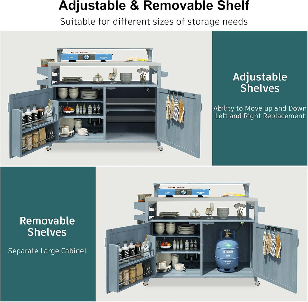 Outdoor Kitchen Island with Stainless Steel Top, 53.3' Rolling Grill Cart with Adjustable Shelves, Raised Shelf, Lockable Wheels, Portable Outdoor Table and Bar Storage Cabinet for Patio