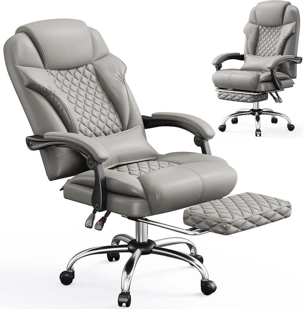 DurayLoly Big and Tall Office Chair 400lbs - Executive Ergonomic Desk Chair with Footrest, High Back Reclining Leather Chair with Lumbar Support for Home Office,Light Grey