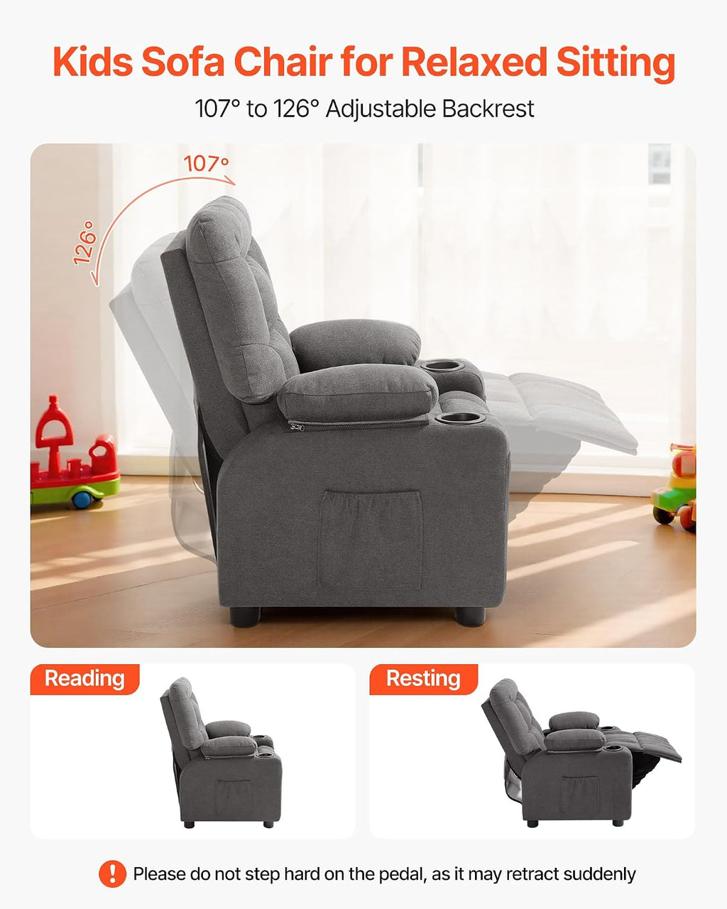 VEVOR Kids Recliner Chair, Toddler Lounger with Cup Holders & Pockets, 107° to 126° Adjustable Back, Breathable Polyester Upholstery Reclining Sofa with Foot-Rest, for Boys and Girls, Children (Gray)