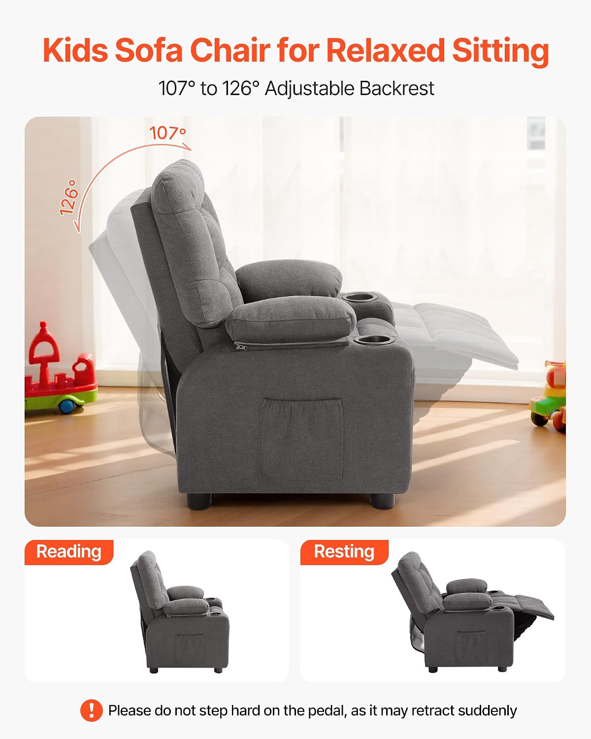 VEVOR Kids Recliner Chair, Toddler Lounger with Cup Holders & Pockets, 107° to 126° Adjustable Back, Breathable Polyester Upholstery Reclining Sofa with Foot-Rest, for Boys and Girls, Children (Gray)