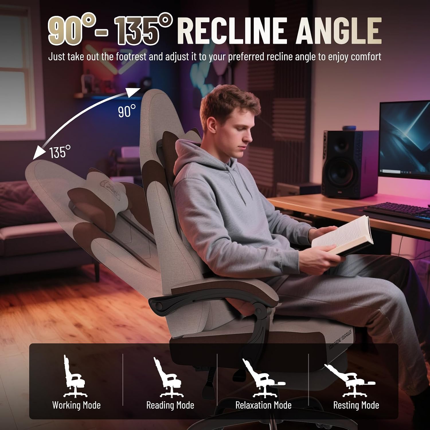 Ferghana Cotton Fabric Gaming Chair with Wider Seat Cushion, Shield-Shaped Embroidery Ergonomic High Back Game Chair with Footrest, Computer Chair with Massage Lumbar Support for Adult, Brown