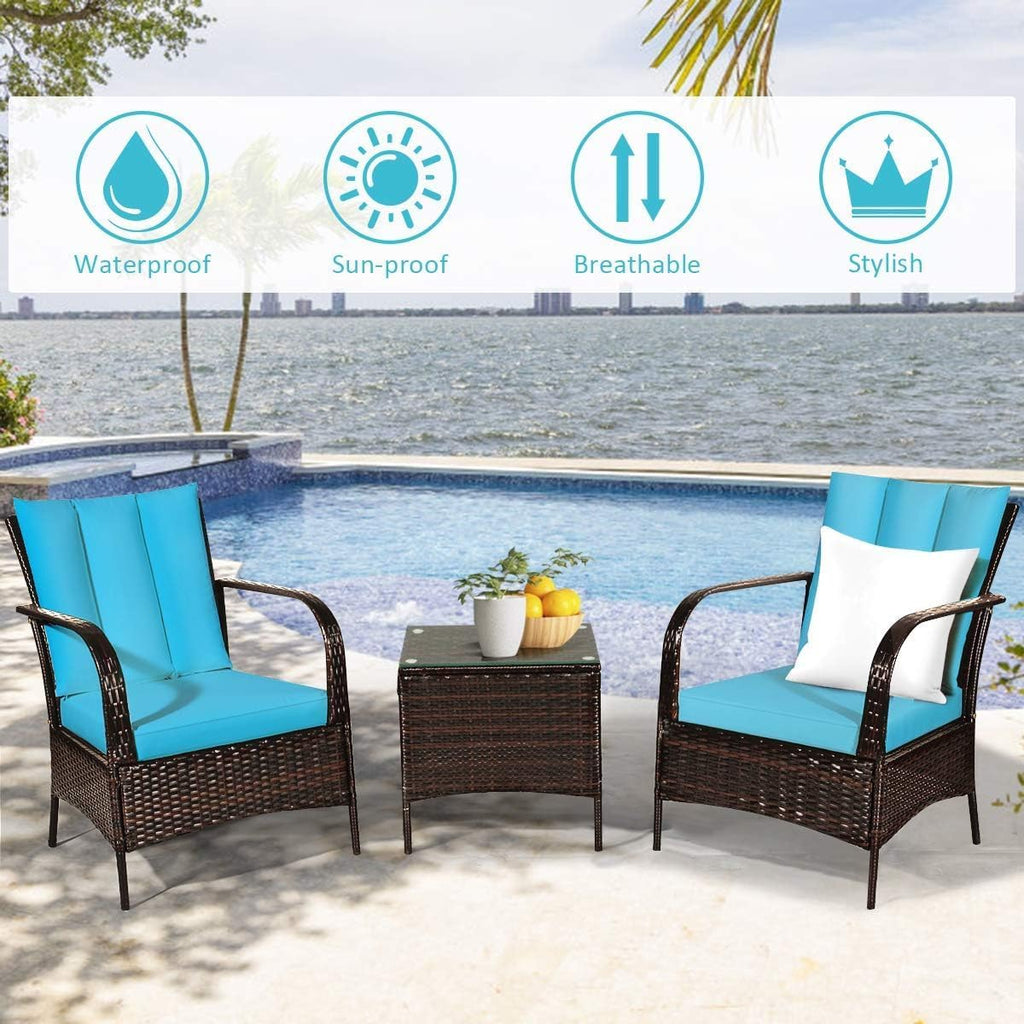 COSTWAY 3 Pieces Patio Rattan Furniture Set, Outdoor Conversation Chair Set with Coffee Table & 2 Cushions for Backyard, Porch, Poolside, Lawn, Garden, Turquoise