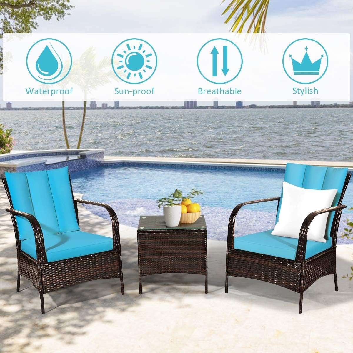 COSTWAY 3 Pieces Patio Rattan Furniture Set, Outdoor Conversation Chair Set with Coffee Table & 2 Cushions for Backyard, Porch, Poolside, Lawn, Garden, Turquoise