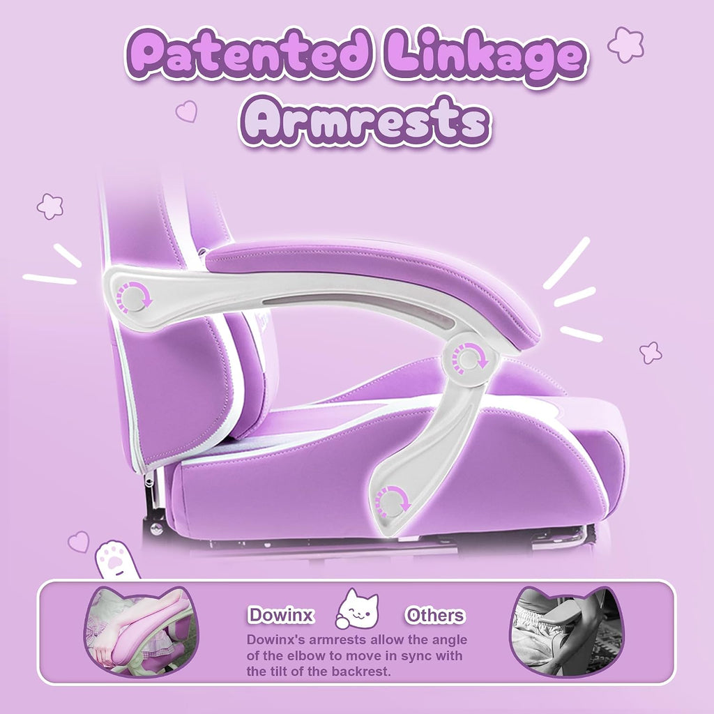 Dowinx Gaming Chair Cute with Cat Ears and Massage Lumbar Support, Ergonomic Computer Chair for Girl with Footrest and Headrest, Comfortable Reclining Game Chair 290lbs for Adult, Teen, Purple